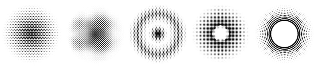 Fototapeta Set of simple halftones. Black gradient circles of dots. Dotwork. Vector illustration. obraz