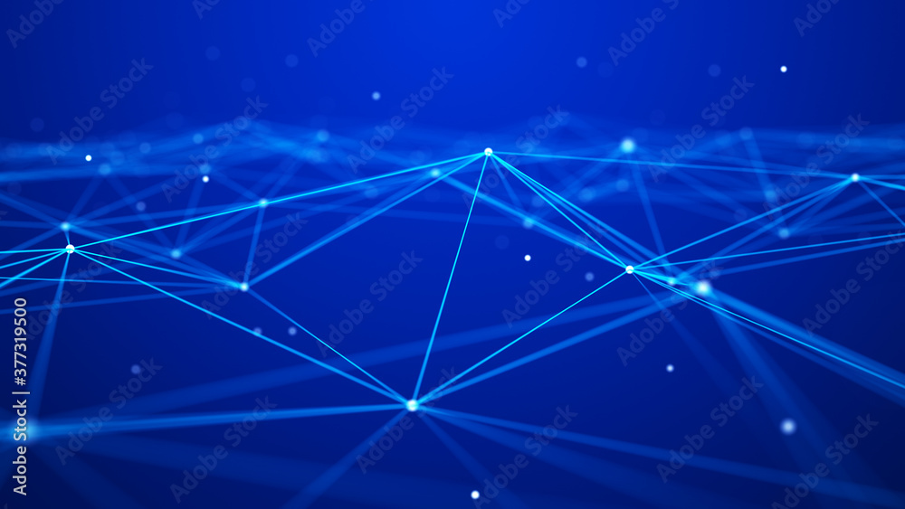 Poster network of bright connected dots and lines. abstract dynamic wave of many points. digital background