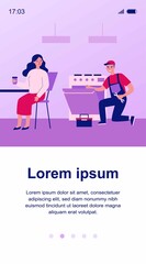 Repair man working on broken oven. Woman drinking tea in kitchen flat vector illustration. Home appliance, service call, housekeeping concept for banner, website design or landing web page