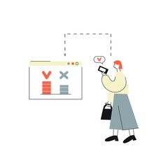 Vector illustration of a woman voting online. Flat concept of online electronic poll.