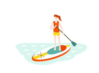 Vector illustration of girl sup surfing in the sea.