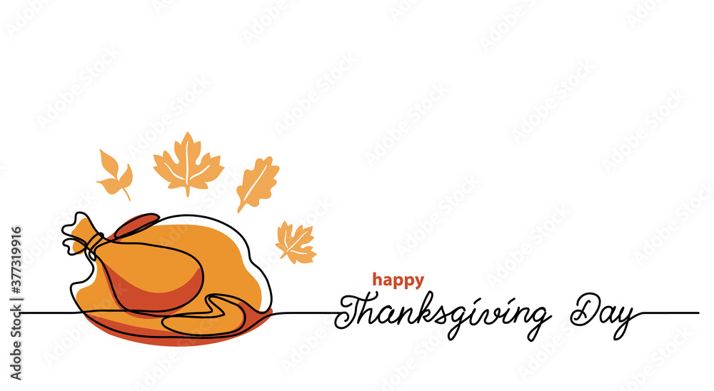 Wall mural turkey dinner thanksgiving day line art background. simple vector web banner. one continuous line dr - Wall murals
