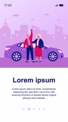 Senior couple travelling by car. Old man and woman buying or renting automobile flat vector illustration. Driving, urban transport, car sharing concept for banner, website design or landing web page