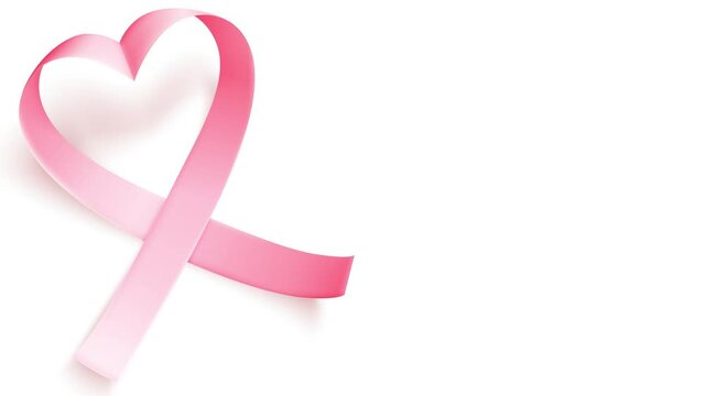 Realistic pink heart shaped ribbon. Animation with symbol of world breast canser awareness month in october.