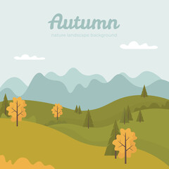 Autumn nature landscape background. Illustraton with field, mountains, trees and plants. Vector flat cartoon
