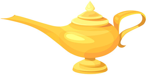 Genie's lamp in cartoon style. Antique golden object.