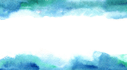 abstract watercolor borders on white. aqua and blue wet colors with paper texture