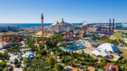 Sochi Park. Attractions. Landscape. infrastructure park. Russia. Amusement park and family holiday. alley of lights. Fountain. Roller coaster. Ferris wheel. hotel bogatyr