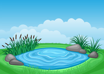 Summer illustration landscape with pond and reeds.