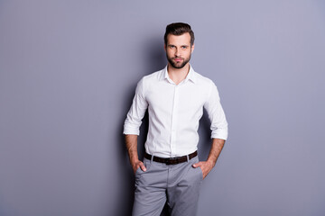Portrait of his he nice attractive content classy man attorney lawyer employer executive top...