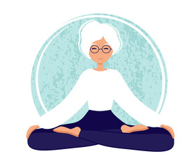 Senior woman in in yoga lotus practices meditation. Yoga practice. Vector illustration in flat style. Old woman meditating