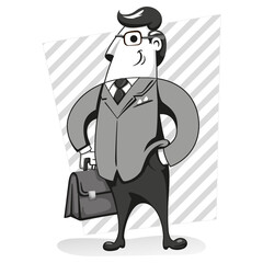 Illustration of an executive character with suit and workbook, black and white. Ideal for training materials and presentations