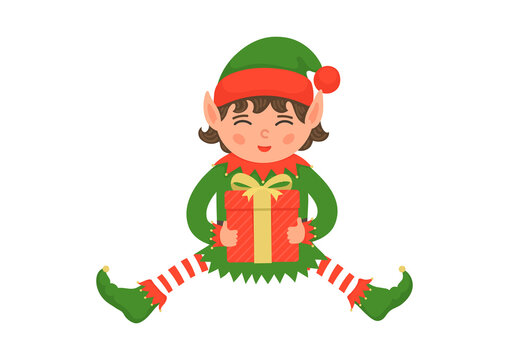 Christmas elf holding gift isolated on white background. Funny Santa's scout. 