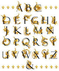 watercolor Alphabet Set. Luxory letters with gold damask curl composition.  - 377323972