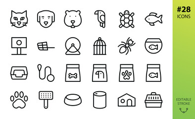 Obraz na płótnie Canvas Pet Shop isolated icon set. Set of cat, dog, hamster, reptile, ant, carrier, muzzle, canned food, grooming, dry food, aquarium, leash, collar, litter tray, pet bowl, paw, animals vector icons