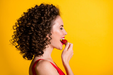 Closeup profile photo of charming nice cute curly hairstyle lady bite enjoy juicy strawberry look...
