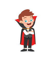happy cute little kid boy and girl celebrate halloween wears dracula vampire costume with cape