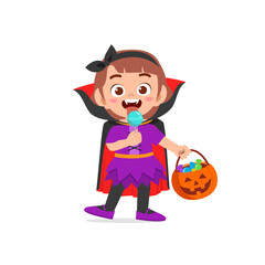 happy cute little kid boy and girl celebrate halloween wears dracula vampire costume with cape