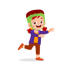 happy cute little kid boy and girl celebrate halloween wears frankenstein monster costume