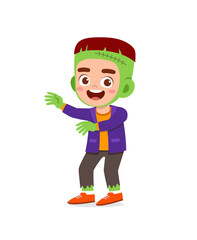 happy cute little kid boy and girl celebrate halloween wears frankenstein monster costume