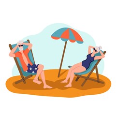 Elderly couple sunbathing on the beach.The concept of active old age. Day of the elderly. Flat cartoon vector illustration.