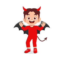 happy cute little kid boy and girl celebrate halloween wears red devil monster costume