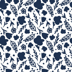Navy blue nature botanic silhouettes seamless pattern. Isolated floral print with leaves and branches on white background.