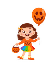 happy cute little kid boy and girl celebrate halloween wears pumpkin monster costume