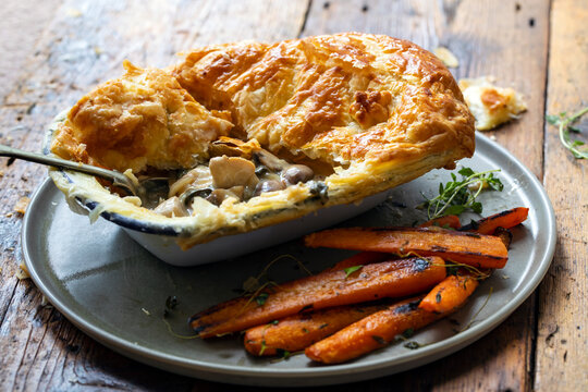 Chicken And Mushroom Pie With Roast Carrots