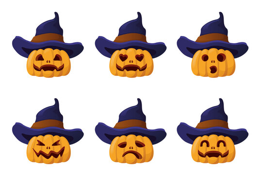 Set of cartoon halloween pumpkins wearing witch hat isolated on white background.  Set of pumpkins different emotions.
