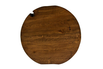 Round top in dark brown natural wood, texture background.