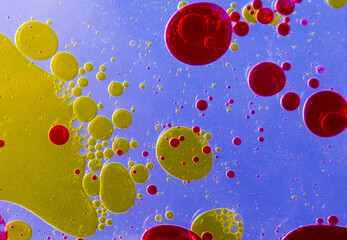 Fototapeta na wymiar Mixing water and oil, beautiful color abstract background based on red and yellow circles and ovals, macro abstraction