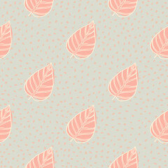 Soft pink colored leaf seamless pattern. Contoured botanic shapes on grey dotted background.