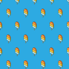 Vector isometric trendy seamless pattern with ice cream. Summer fashion print background. The ice cream is orange, yellow and light blue colored. Light blue background. Pastel Colors. Cartoon style