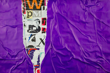 Torn and crumpled purple paper on colorful collage from clippings with letters and numbers texture background.