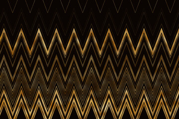 Wavy golden zigzag stripes on black backgrond. Horizontal chevron pattern. Digital illustration