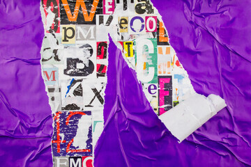 Torn and peeling purple paper on colorful collage from clippings with letters and numbers texture...