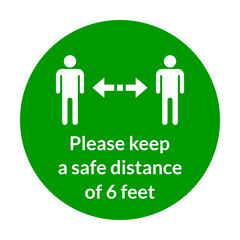 Please Keep a Safe Distance of 6 Feet Round Warning Floor Marking Sticker Icon. Vector Image.