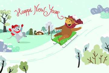 Naklejka premium bull and mouse, symbols of 2020 and 2021, sledding, winter, fairy tale, landscape, winter forest, postcard, vector illustration, cartoon