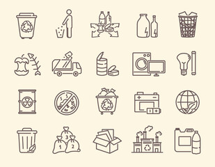 Set of icons for rubbish and waste disposal with recycling bins, broken goods, garbage bin, discarded organics and consumables and a rubbish truck, line drawn vector illustration