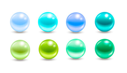 Set of realistic blue and green colorful glossy spheres with reflections isolated on white background. Vector illustration for your graphic design.