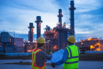 industrial engineering working in a power plant, teamwork twilight
