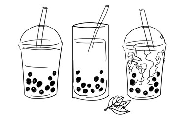 Bubble tea drink in plastic cup straw sketches hand drawing isolated white background hand drawn style