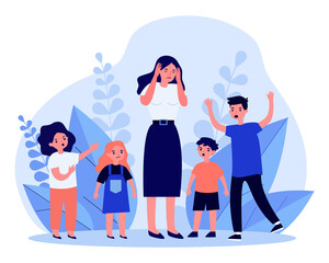 Woman having headache and surrounded by angry children. Teacher, mom, noise flat vector illustration. Behavior and childhood concept for banner, website design or landing web page