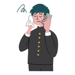 学ラン　学生　男性　携帯電話　スマホ　冷や汗　困っている
