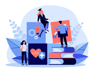 Fototapeta premium Tiny student learning in different fields. Engineering, finance, medicine flat vector illustration. Study and education concept for banner, website design or landing web page