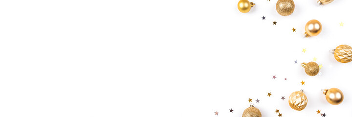 Festive white background with gold Christmas decorations. Flat lay, top view. Copy space for text.