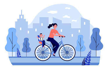 Smiling woman cycling with happy baby. Bicycle, city, parent flat vector illustration. Transportation and lifestyle concept for banner, website design or landing web page