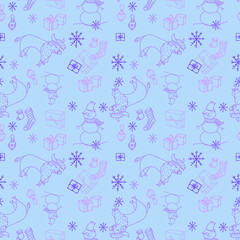 New year vector pattern year of the bull with doodle images of bull, snowman, snowflakes, gifts in blue and lilac colors
