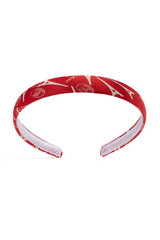 Subject shot of red silk headband with white French print. The hair holder is isolated on the white background.